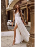 Bow Tulle Straps Ivory Lace Split Wedding Dress
